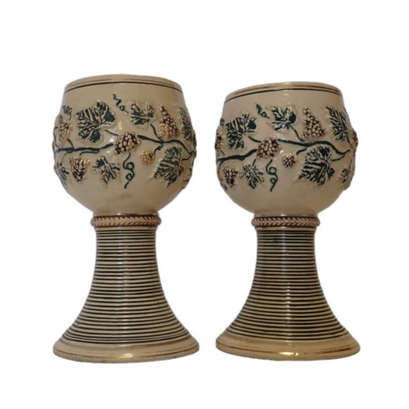 Vintage Gold Raise Relief Grapevine Pair of‎ German Grapevine Pottery Goblets - Picture 1 of 8